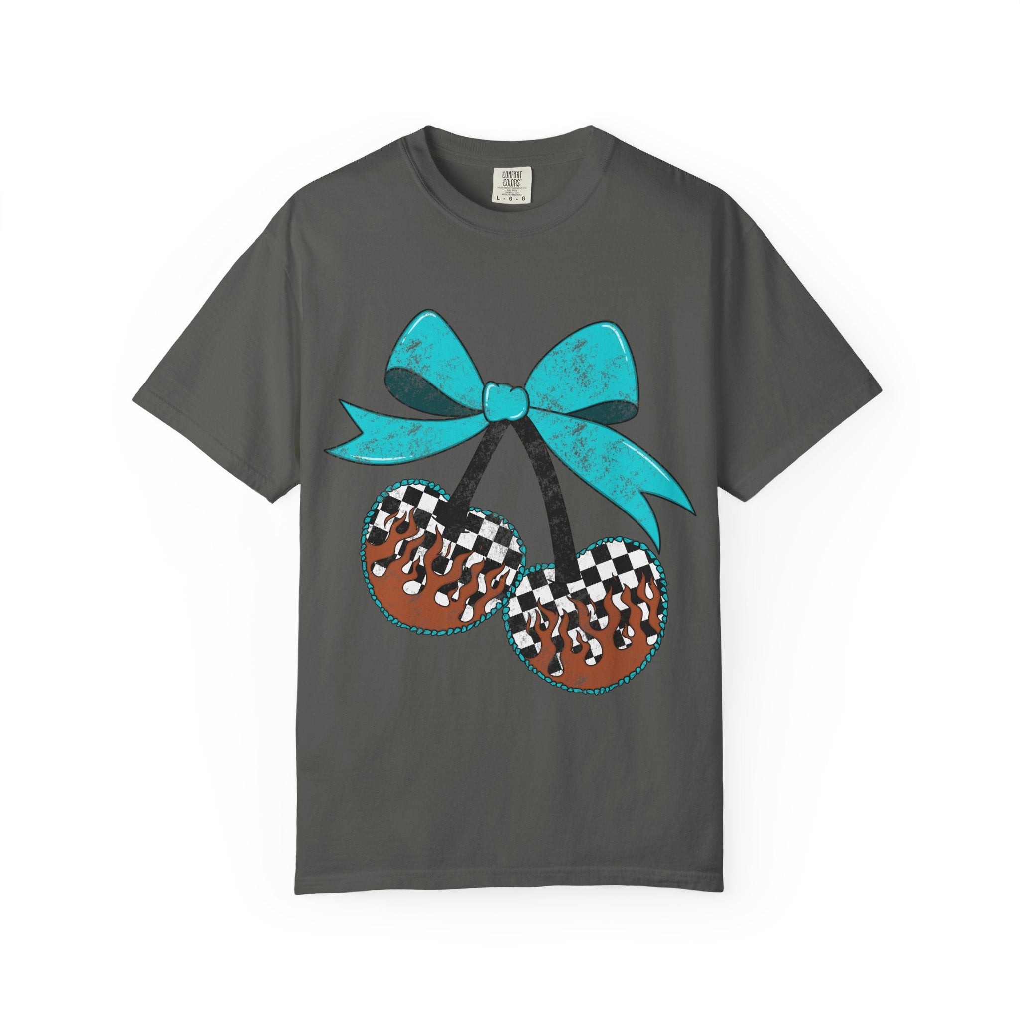 Checkered Football Cherry T-Shirt — Teal Bow Grunge Sports Tee