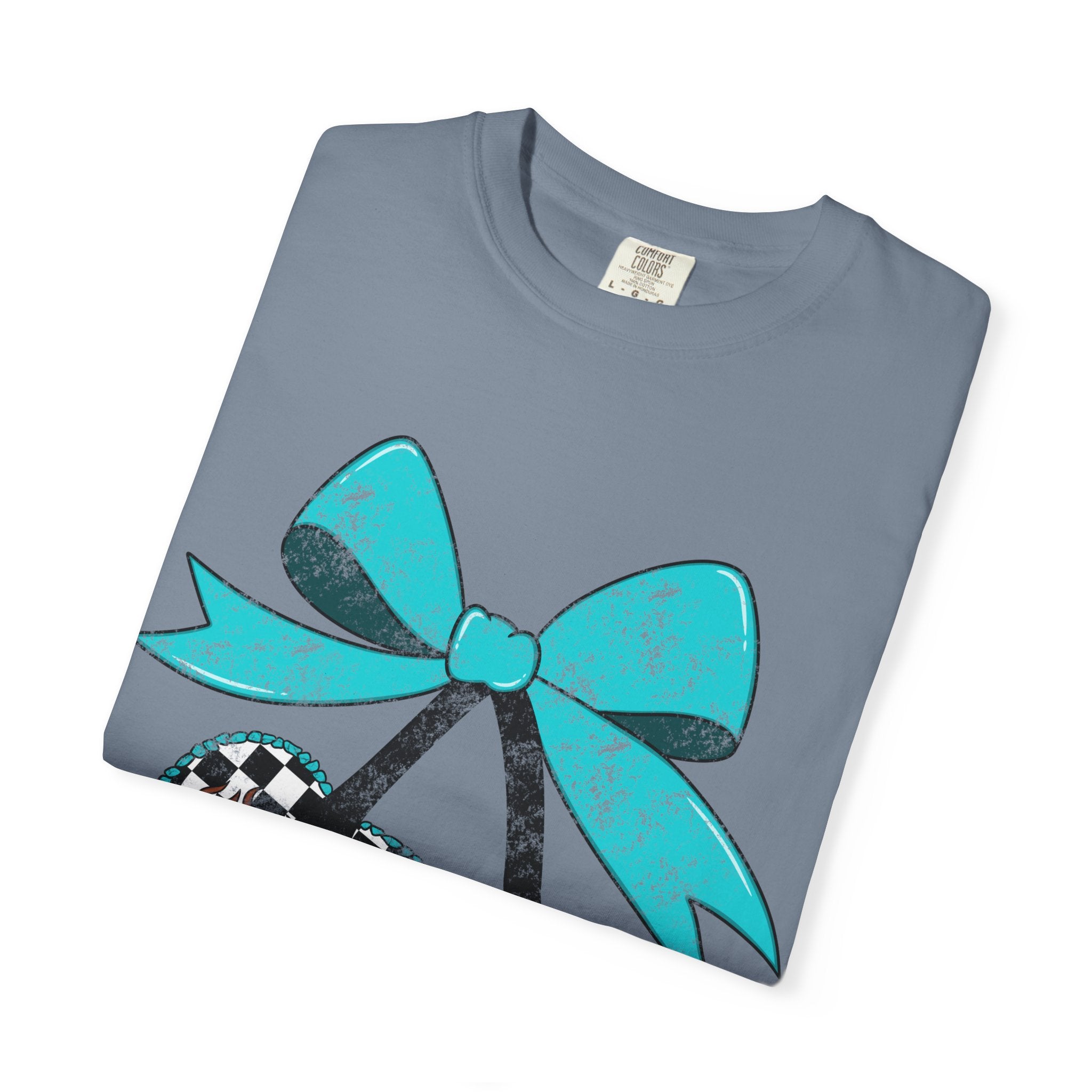 Checkered Football Cherry T-Shirt — Teal Bow Grunge Sports Tee