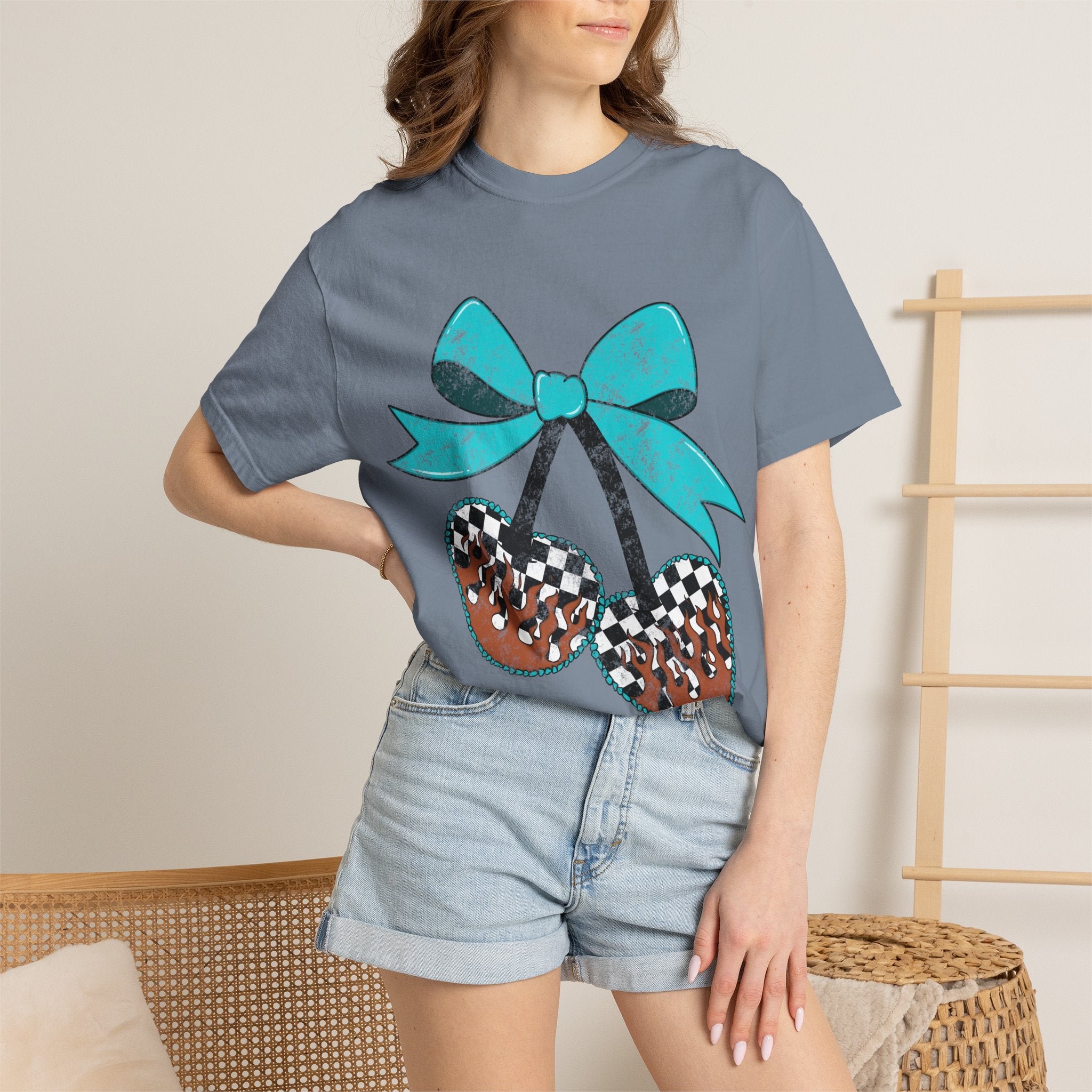 Checkered Football Cherry T-Shirt — Teal Bow Grunge Sports Tee