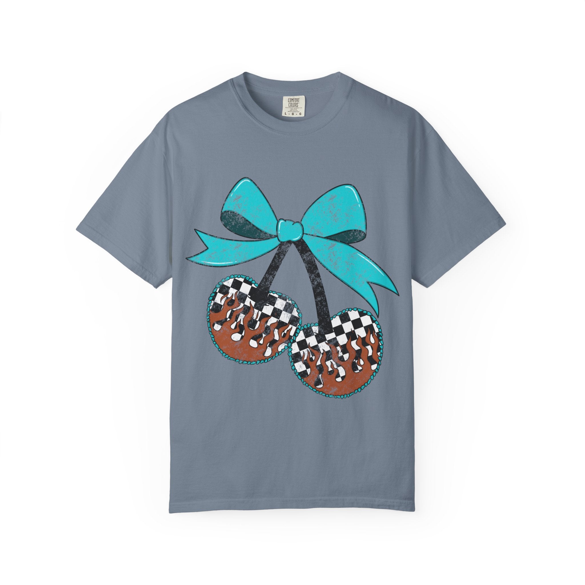 Checkered Football Cherry T-Shirt — Teal Bow Grunge Sports Tee