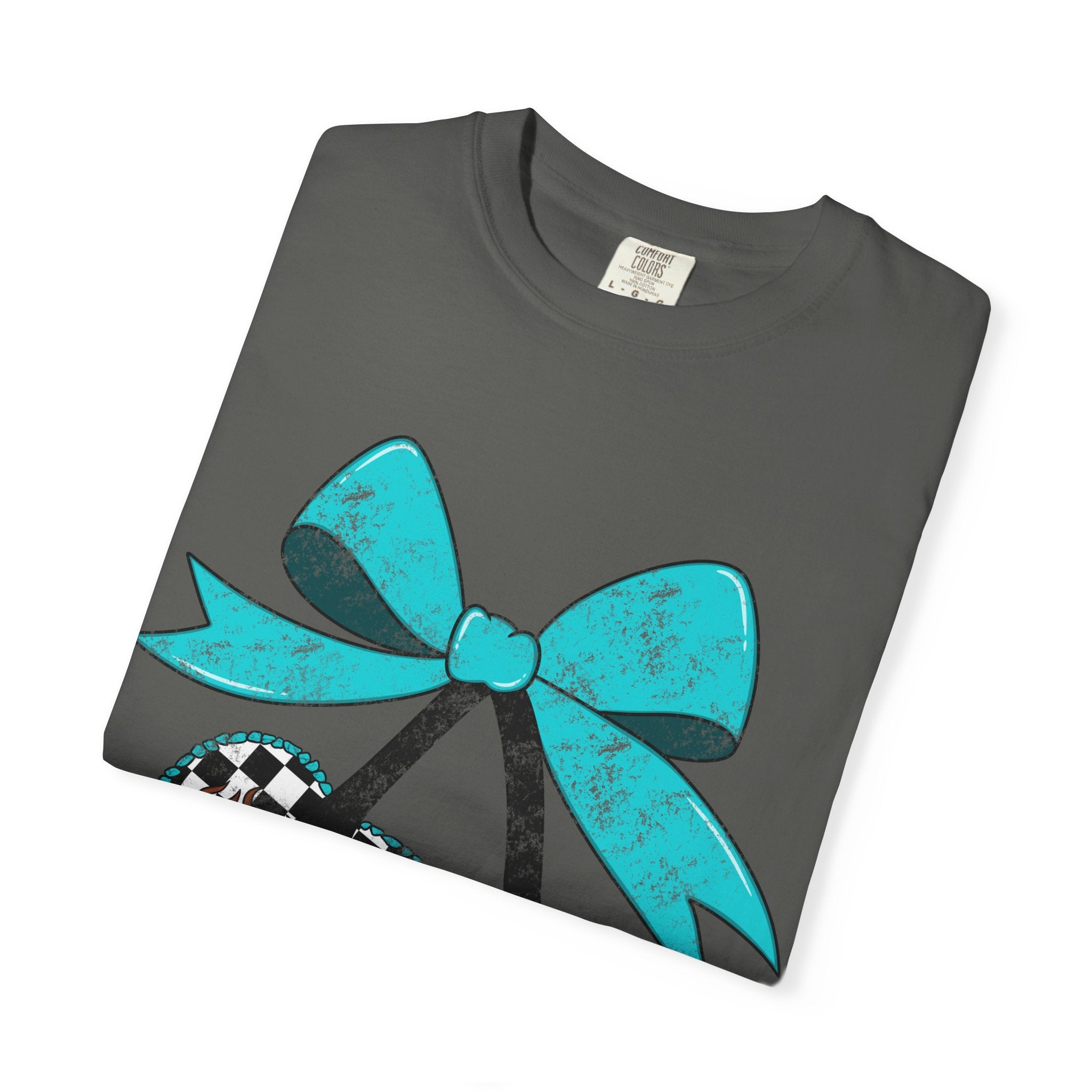 Checkered Football Cherry T-Shirt — Teal Bow Grunge Sports Tee