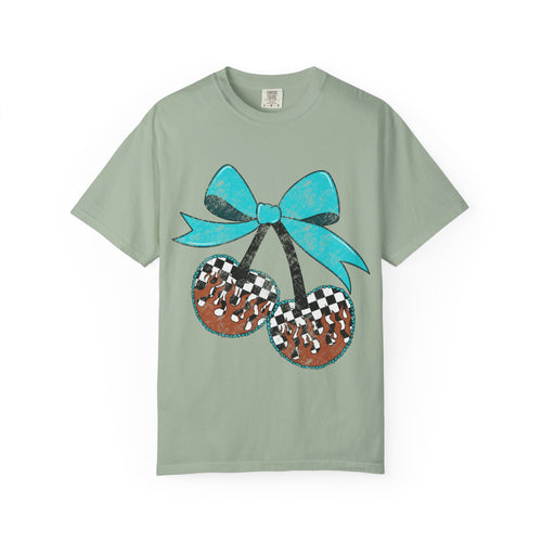 Checkered Football Cherry T-Shirt — Teal Bow Grunge Sports Tee