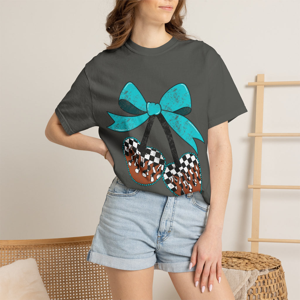 Checkered Football Cherry T-Shirt — Teal Bow Grunge Sports Tee