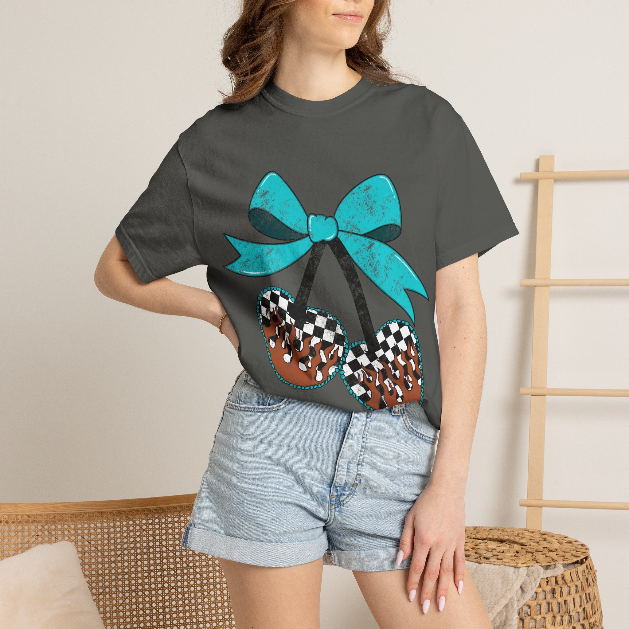 Checkered Football Cherry T-Shirt — Teal Bow Grunge Sports Tee