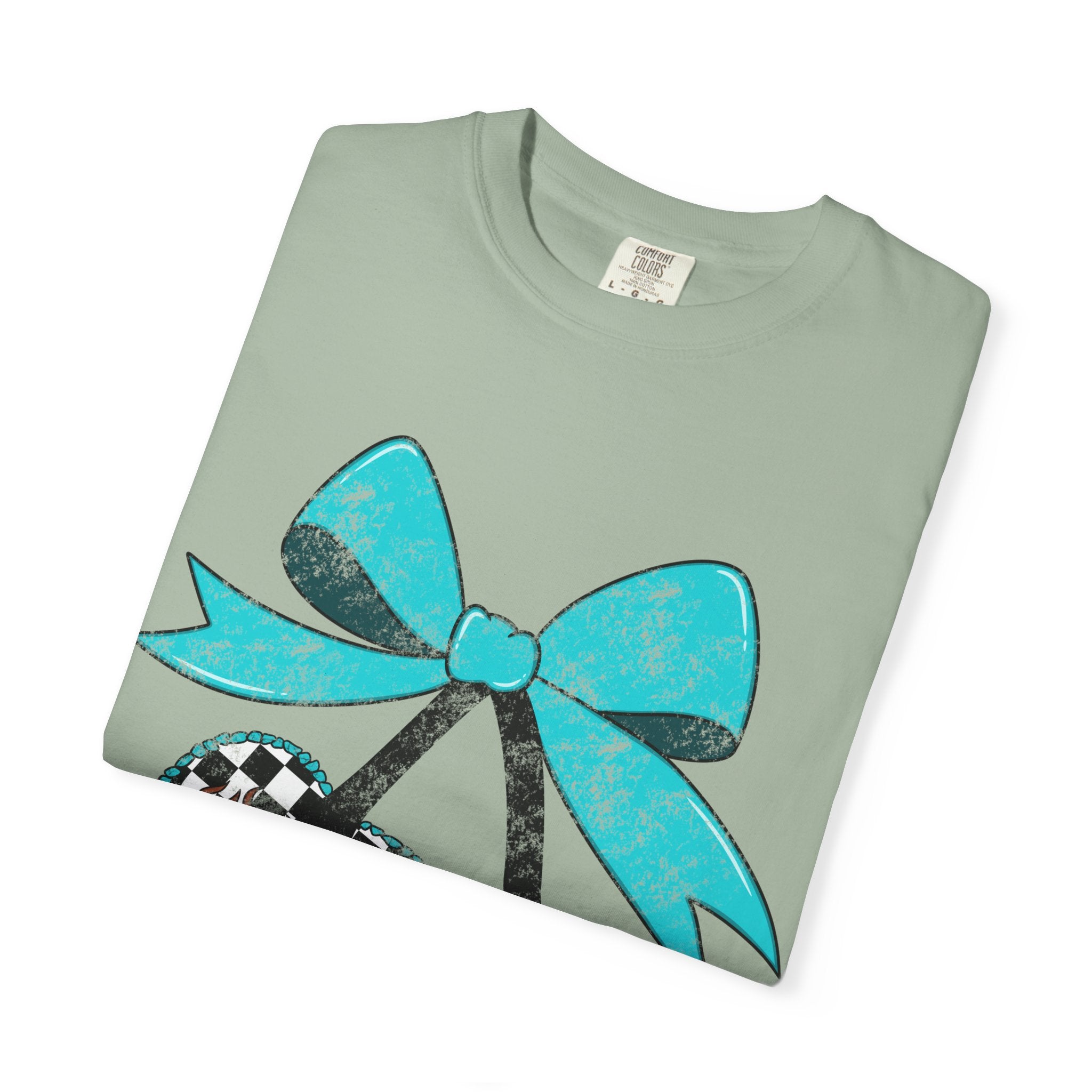 Checkered Football Cherry T-Shirt — Teal Bow Grunge Sports Tee