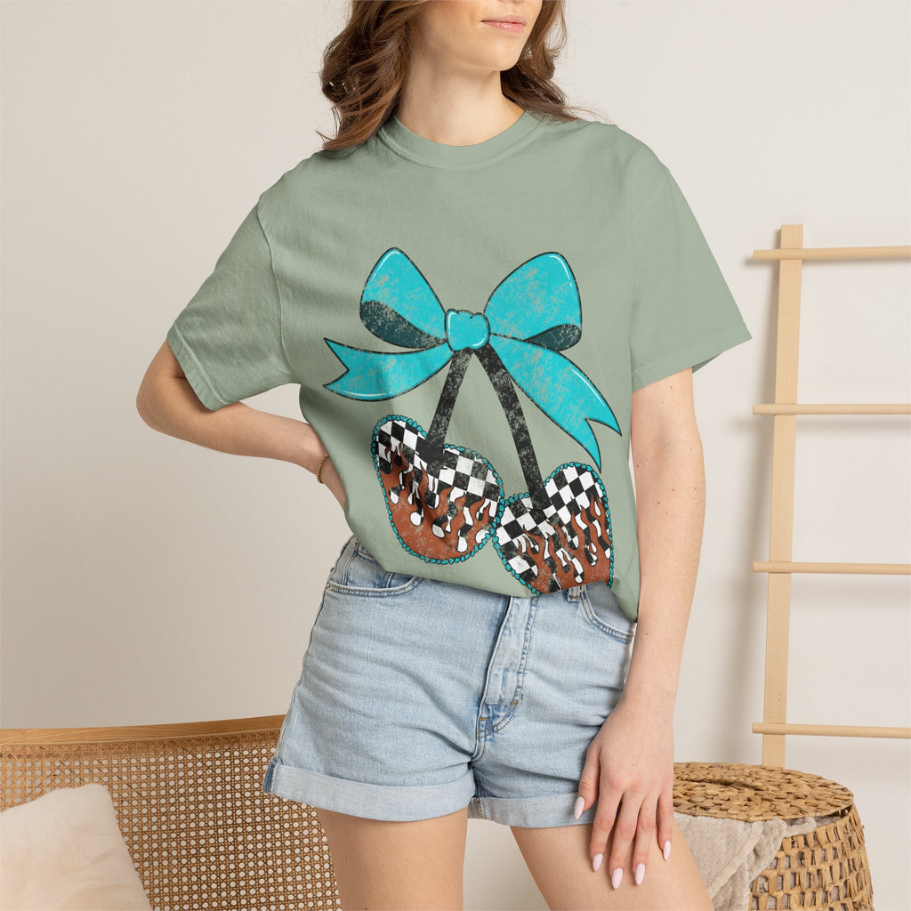 Checkered Football Cherry T-Shirt — Teal Bow Grunge Sports Tee