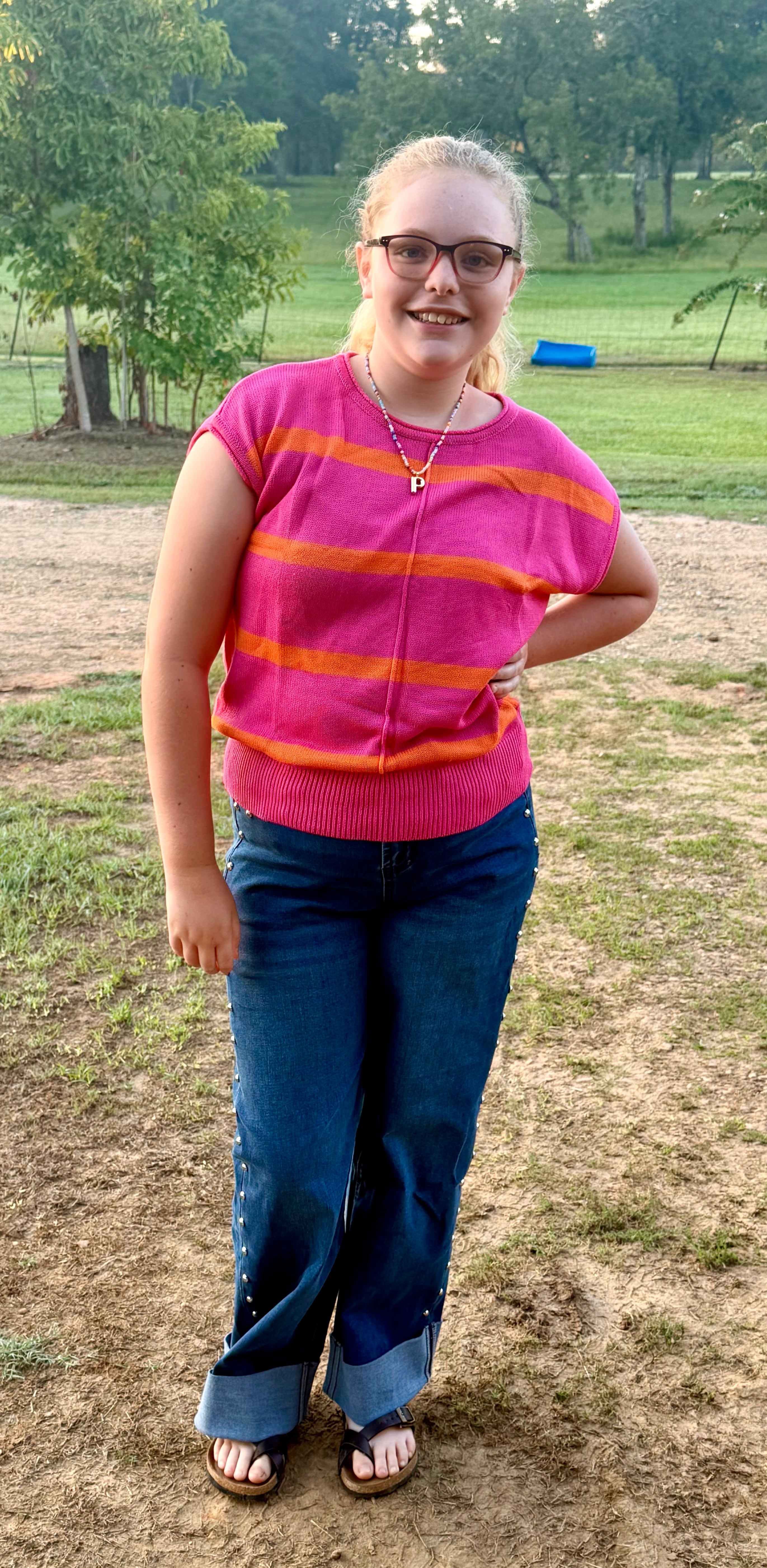 Pink and orange short sleeve sweater