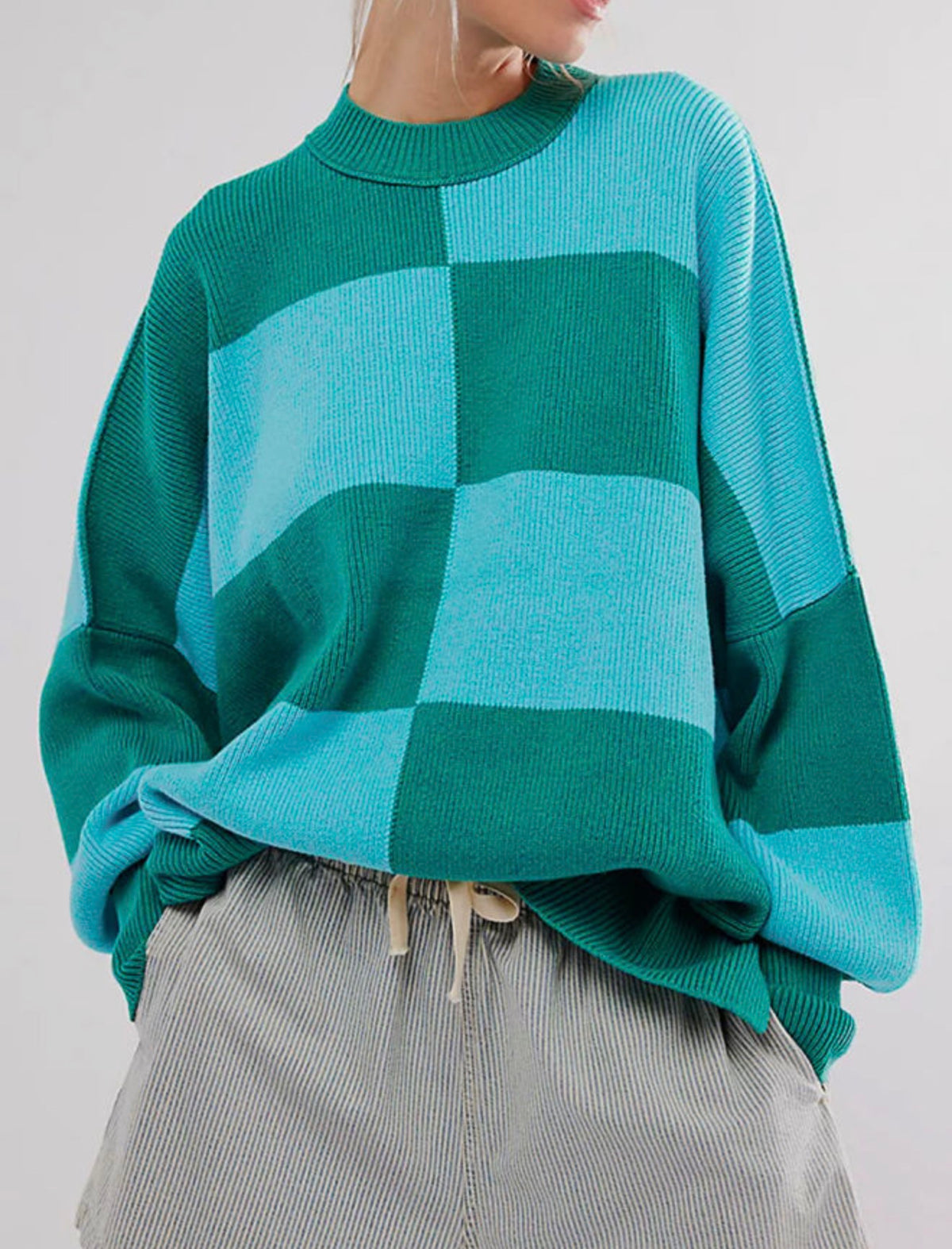 Blue and green mock neck sweater